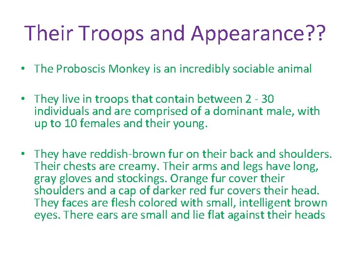 Their Troops and Appearance? ? • The Proboscis Monkey is an incredibly sociable animal