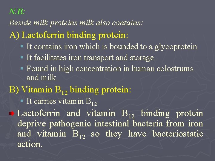 N. B: Beside milk proteins milk also contains: A) Lactoferrin binding protein: § It