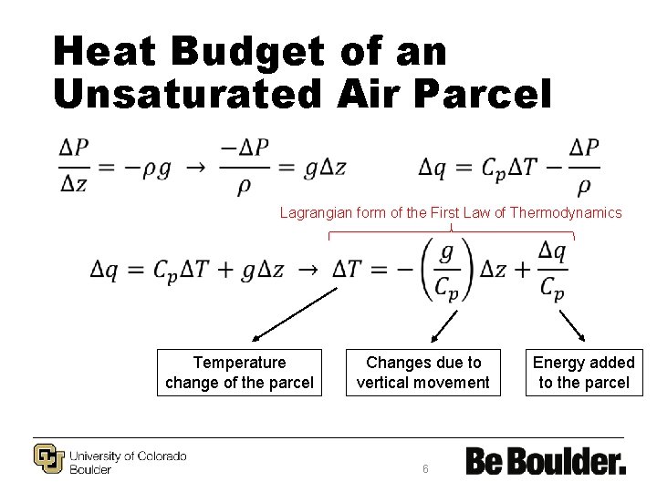 Heat Budget of an Unsaturated Air Parcel • Lagrangian form of the First Law