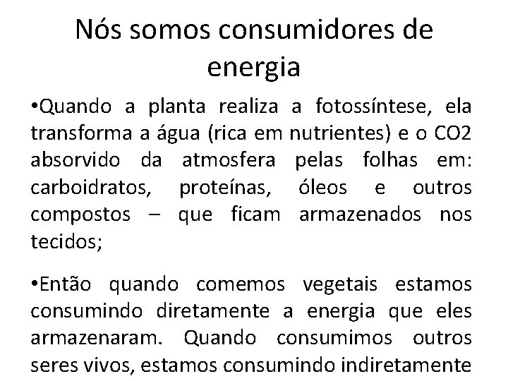 Nós somos consumidores de energia • Quando a planta realiza a fotossíntese, ela transforma