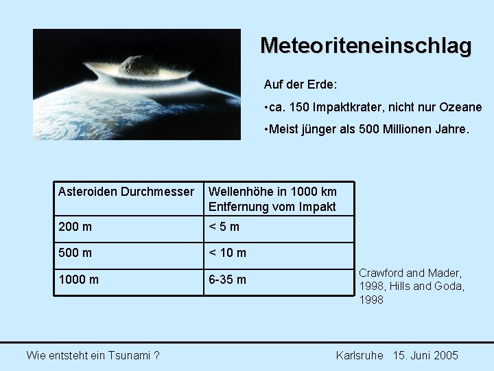 Meteoriteneinschlag Auf der Erde: • ca. 150 Impaktkrater, nicht nur Ozeane • Meist jünger Meteoriteneinschlag Auf der Erde: • ca. 150 Impaktkrater, nicht nur Ozeane • Meist jünger