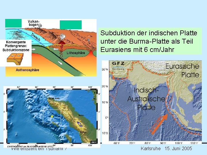 Subduktion der indischen Platte unter die Burma-Platte als Teil Eurasiens mit 6 cm/Jahr Wie Subduktion der indischen Platte unter die Burma-Platte als Teil Eurasiens mit 6 cm/Jahr Wie