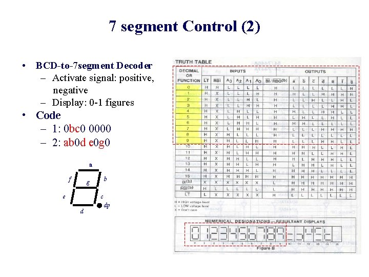 7 segment Control (2) • BCD-to-7 segment Decoder – Activate signal: positive, negative –