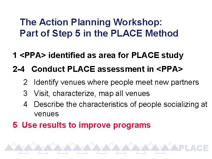 The Action Planning Workshop: Part of Step 5 in the PLACE Method 1 <PPA>