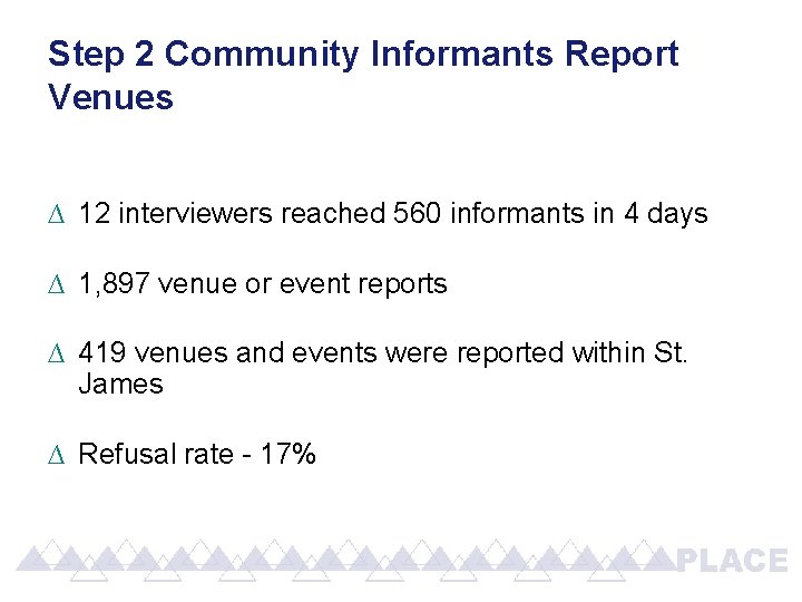 Step 2 Community Informants Report Venues ∆ 12 interviewers reached 560 informants in 4