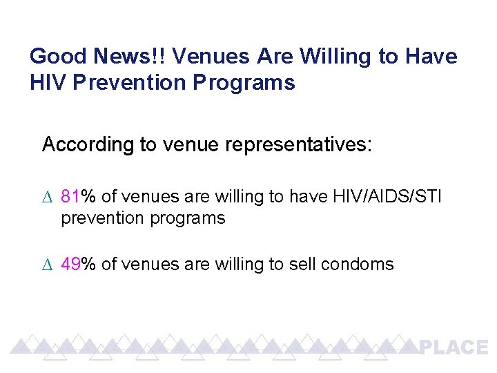 Good News!! Venues Are Willing to Have HIV Prevention Programs According to venue representatives: