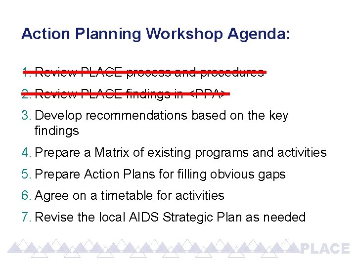 Action Planning Workshop Agenda: 1. Review PLACE process and procedures 2. Review PLACE findings