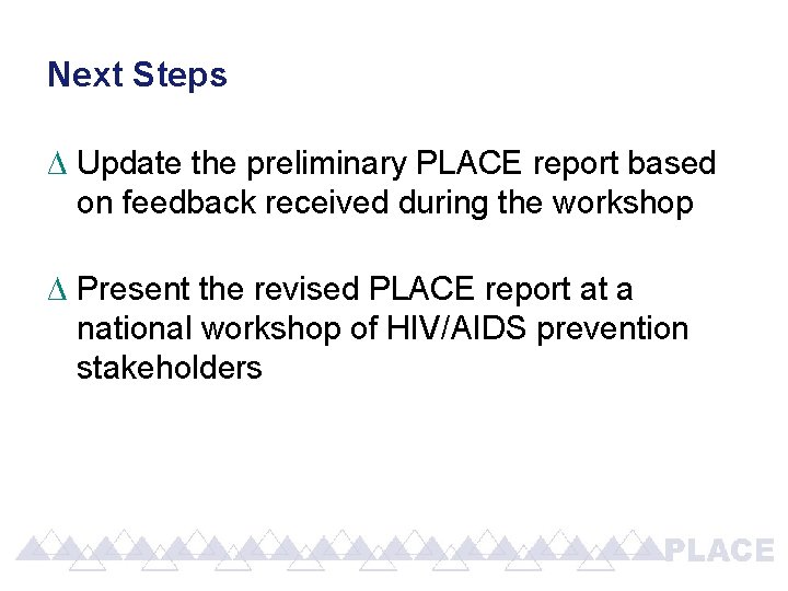 Next Steps ∆ Update the preliminary PLACE report based on feedback received during the