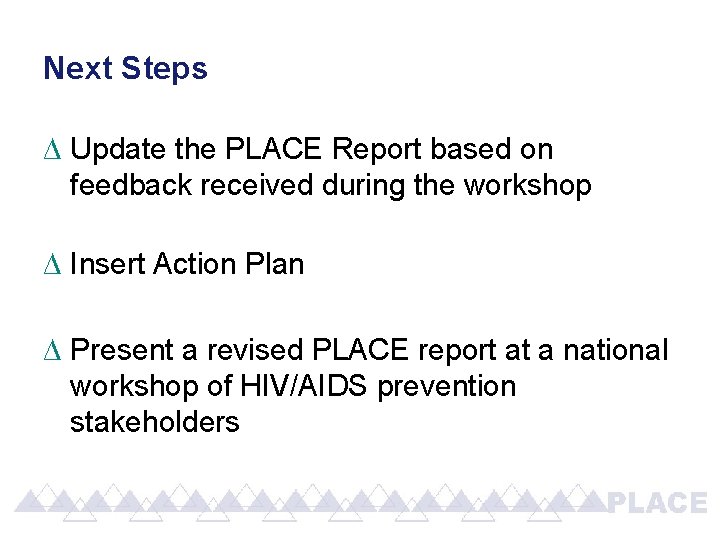 Next Steps ∆ Update the PLACE Report based on feedback received during the workshop