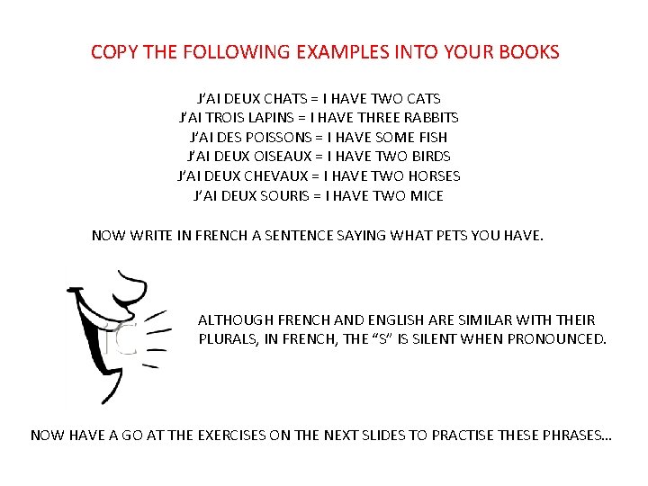 COPY THE FOLLOWING EXAMPLES INTO YOUR BOOKS J’AI DEUX CHATS = I HAVE TWO COPY THE FOLLOWING EXAMPLES INTO YOUR BOOKS J’AI DEUX CHATS = I HAVE TWO