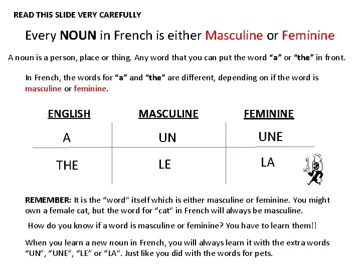 READ THIS SLIDE VERY CAREFULLY Every NOUN in French is either Masculine or Feminine READ THIS SLIDE VERY CAREFULLY Every NOUN in French is either Masculine or Feminine