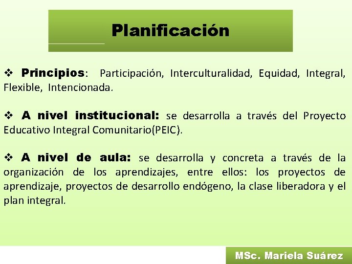 Planificación v Principios: Participación, Interculturalidad, Equidad, Integral, Flexible, Intencionada. v A nivel institucional: se