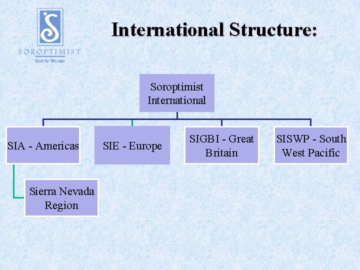 International Structure: Soroptimist International SIA - Americas Sierra Nevada Region SIE - Europe SIGBI