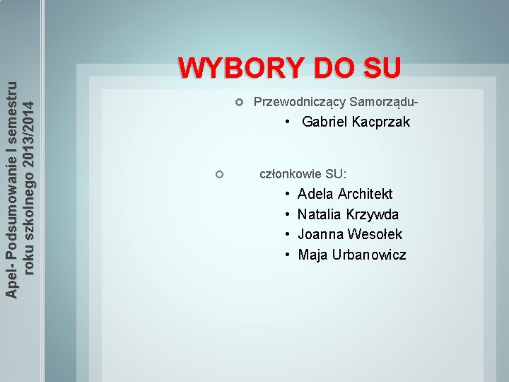 Apel- Podsumowanie I semestru roku szkolnego 2013/2014 WYBORY DO SU Przewodniczący Samorządu- • Gabriel