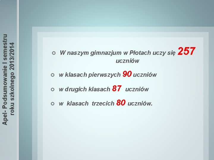 Apel- Podsumowanie I semestru roku szkolnego 2013/2014 W naszym gimnazjum w Płotach uczy się