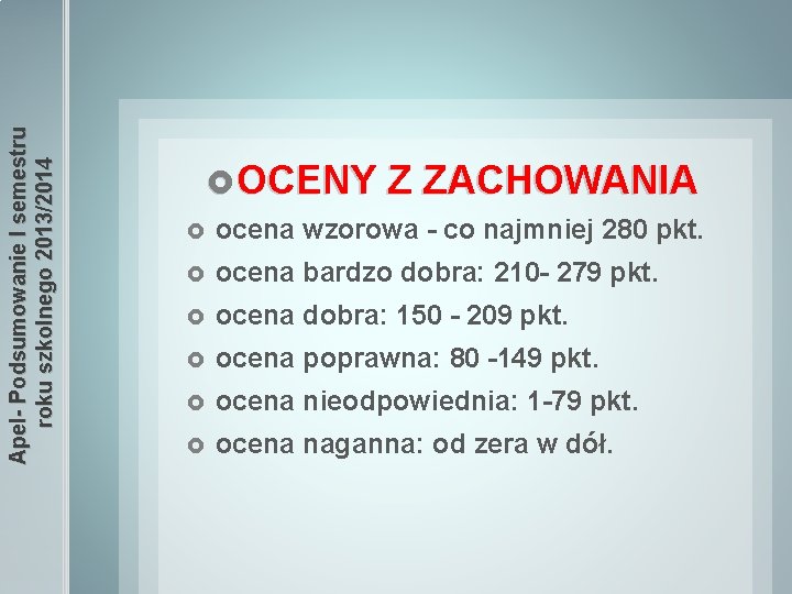 Apel- Podsumowanie I semestru roku szkolnego 2013/2014 OCENY Z ZACHOWANIA ocena wzorowa - co