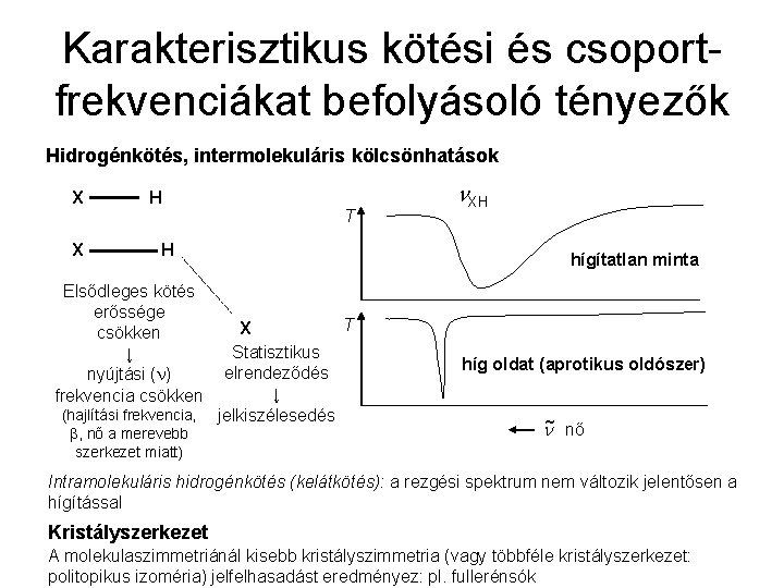 Karakterisztikus kötési és csoportfrekvenciákat befolyásoló tényezők Hidrogénkötés, intermolekuláris kölcsönhatások X X H T H