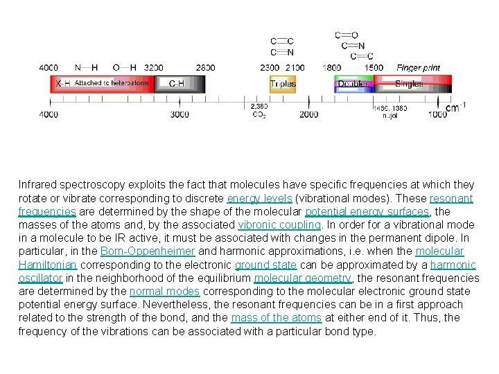 Infrared spectroscopy exploits the fact that molecules have specific frequencies at which they rotate