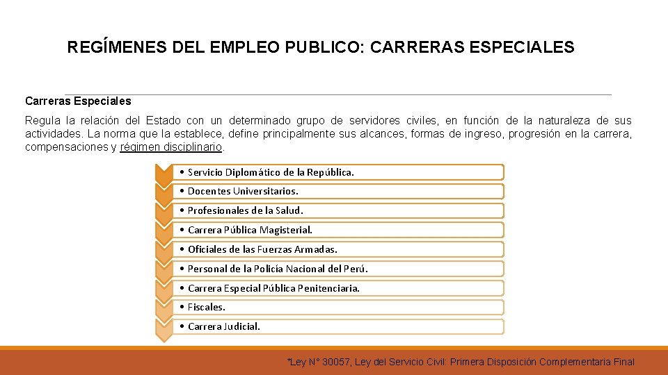 REGÍMENES DEL EMPLEO PUBLICO: CARRERAS ESPECIALES Carreras Especiales Regula la relación del Estado con
