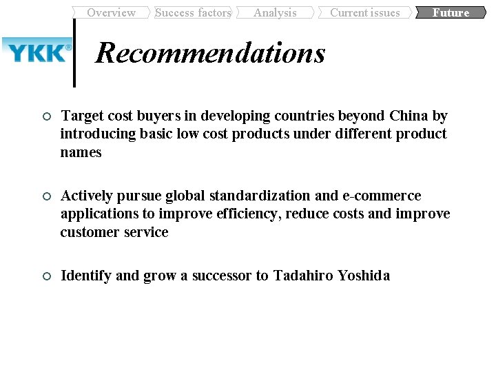 Overview Success factors Analysis Current issues Future Recommendations ¢ Target cost buyers in developing