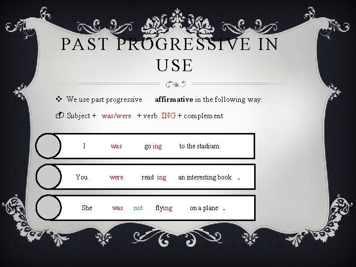 PAST PROGRESSIVE IN USE v We use past progressive affirmative in the following way: