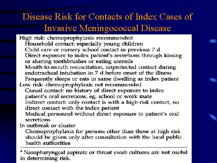 Disease Risk for Contacts of Index Cases of Invasive Meningococcal Disease 