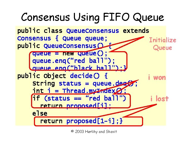 Consensus Using FIFO Queue public class Queue. Consensus extends Consensus { Queue queue; Initialize