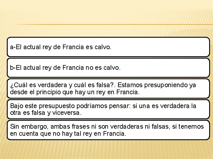 a-El actual rey de Francia es calvo. b-El actual rey de Francia no es