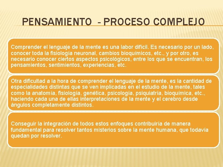 PENSAMIENTO - PROCESO COMPLEJO Comprender el lenguaje de la mente es una labor difícil.