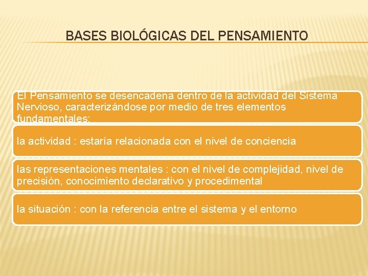 BASES BIOLÓGICAS DEL PENSAMIENTO El Pensamiento se desencadena dentro de la actividad del Sistema