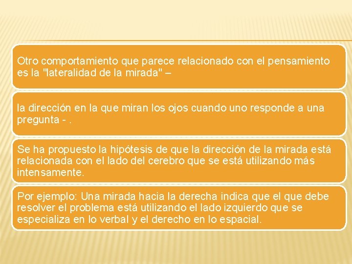 Otro comportamiento que parece relacionado con el pensamiento es la "lateralidad de la mirada"