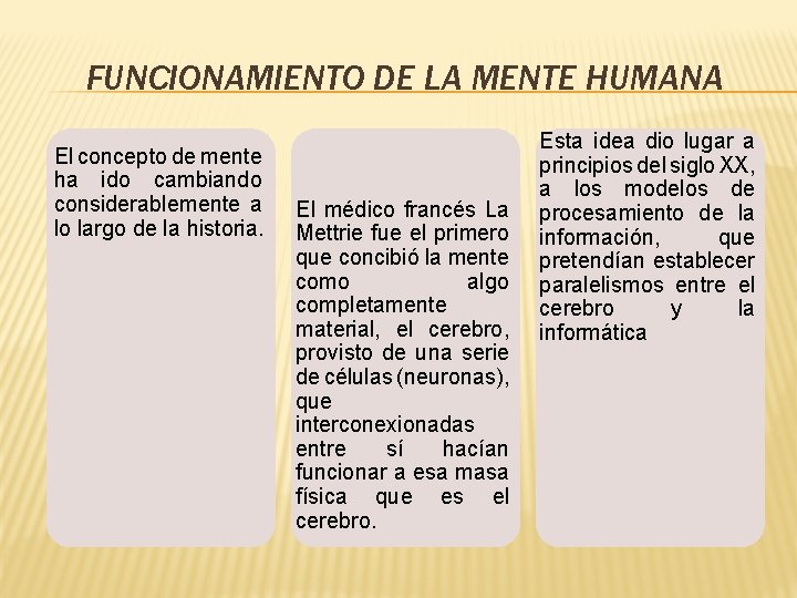 FUNCIONAMIENTO DE LA MENTE HUMANA El concepto de mente ha ido cambiando considerablemente a