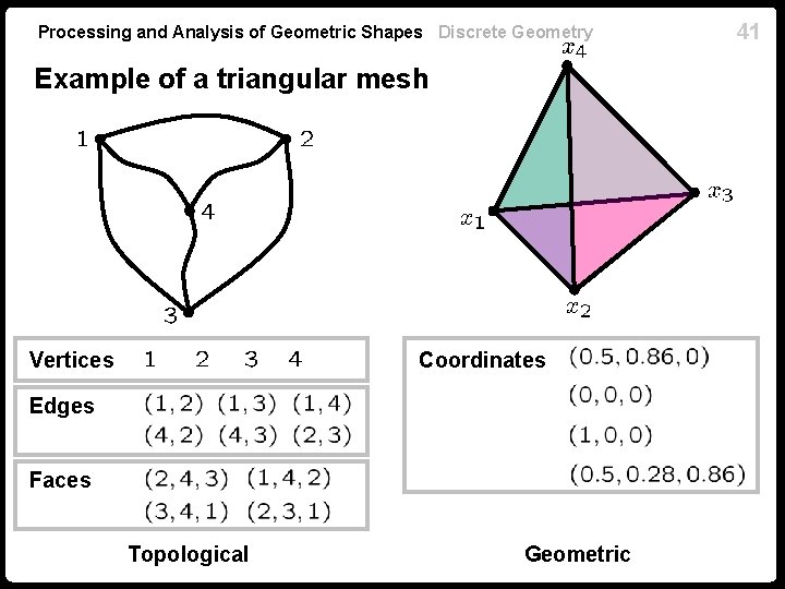 Processing and Analysis of Geometric Shapes Discrete Geometry Example of a triangular mesh Vertices