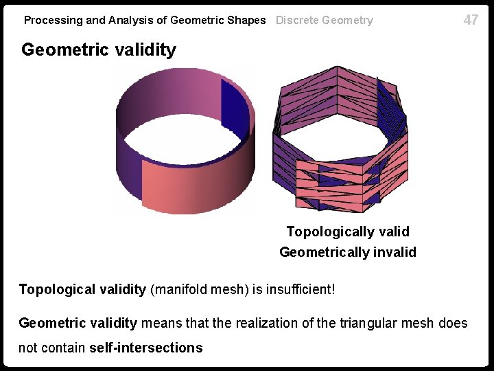 Processing and Analysis of Geometric Shapes Discrete Geometry 47 Geometric validity Topologically valid Geometrically