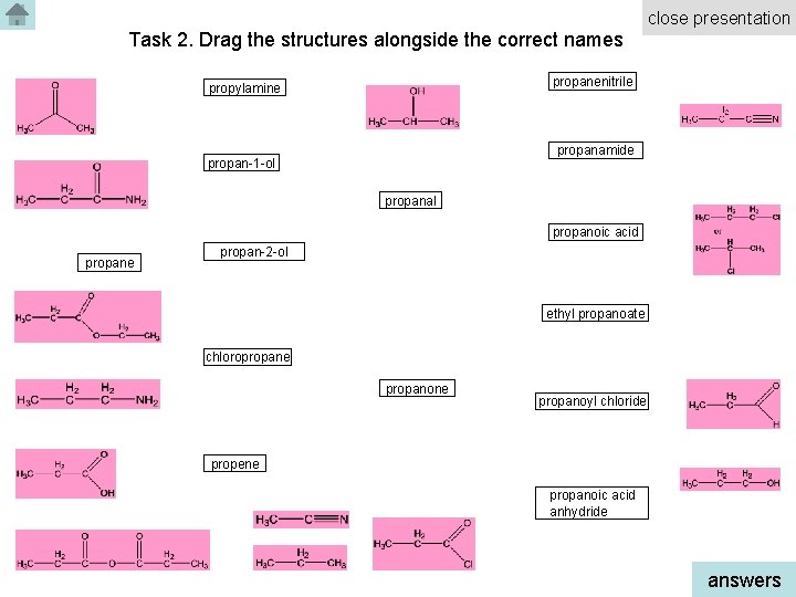 close presentation Task 2. Drag the structures alongside the correct names propanenitrile propylamine propanamide