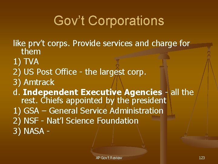 Gov’t Corporations like prv’t corps. Provide services and charge for them 1) TVA 2)