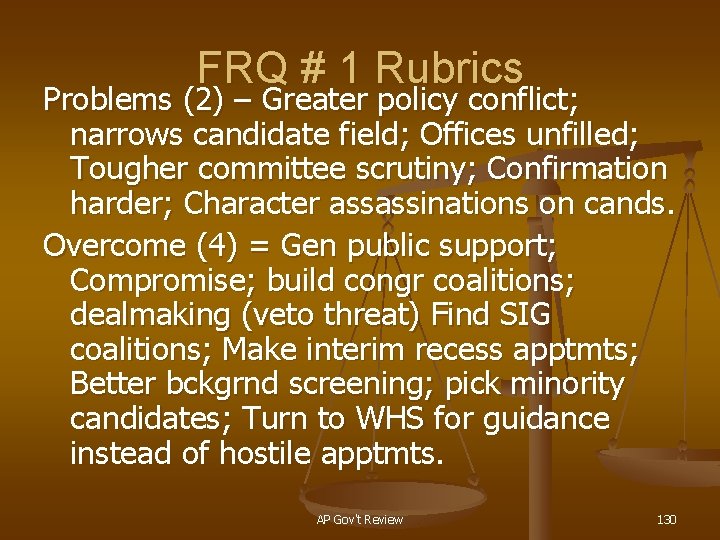 FRQ # 1 Rubrics Problems (2) – Greater policy conflict; narrows candidate field; Offices