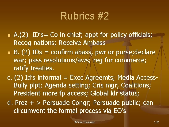Rubrics #2 A. (2) ID’s= Co in chief; appt for policy officials; Recog nations;