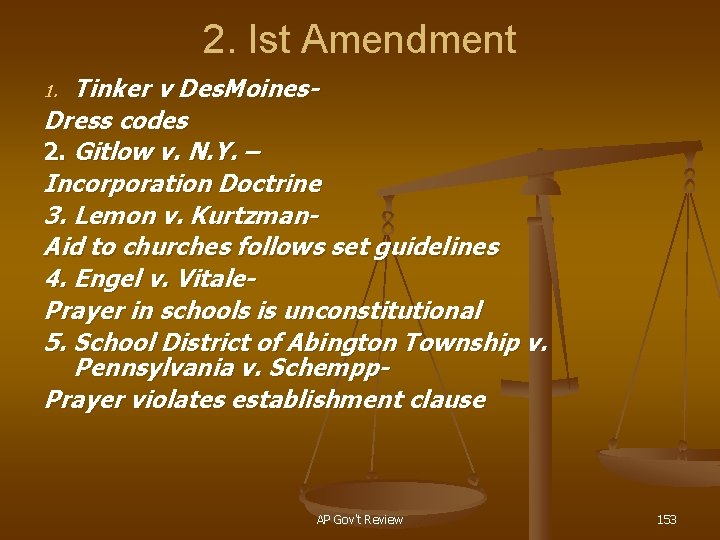 2. Ist Amendment Tinker v Des. Moines. Dress codes 2. Gitlow v. N. Y.