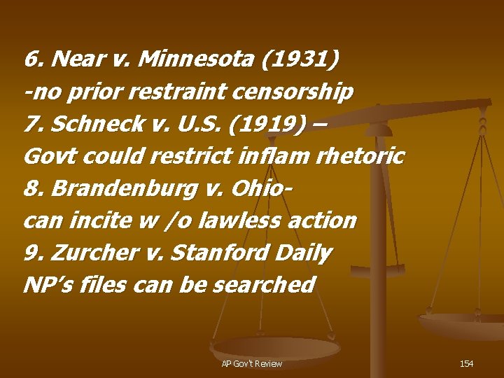 6. Near v. Minnesota (1931) -no prior restraint censorship 7. Schneck v. U. S.