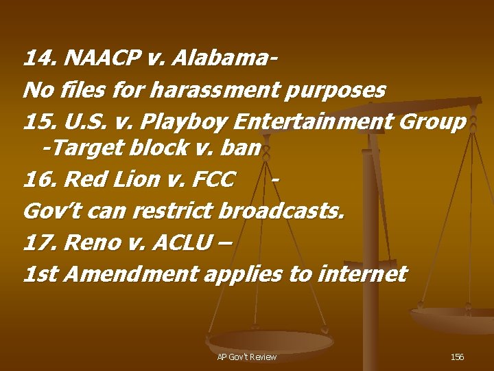 14. NAACP v. Alabama. No files for harassment purposes 15. U. S. v. Playboy