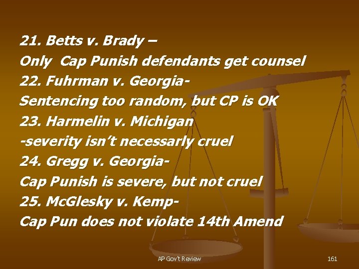 21. Betts v. Brady – Only Cap Punish defendants get counsel 22. Fuhrman v.