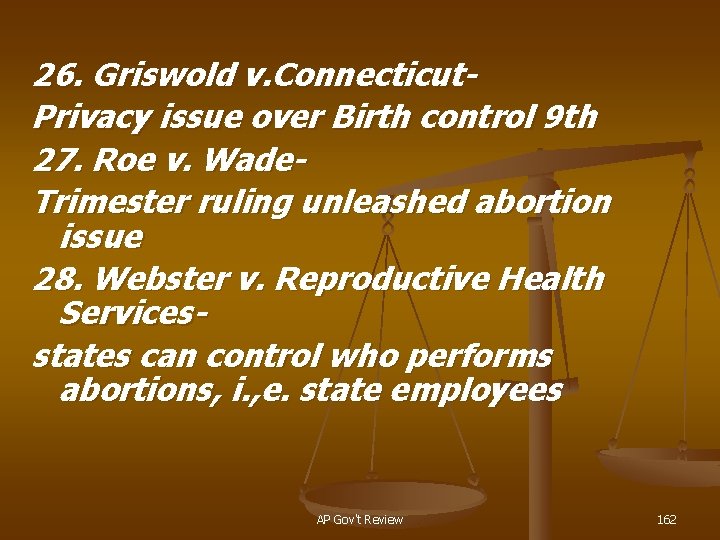 26. Griswold v. Connecticut. Privacy issue over Birth control 9 th 27. Roe v.