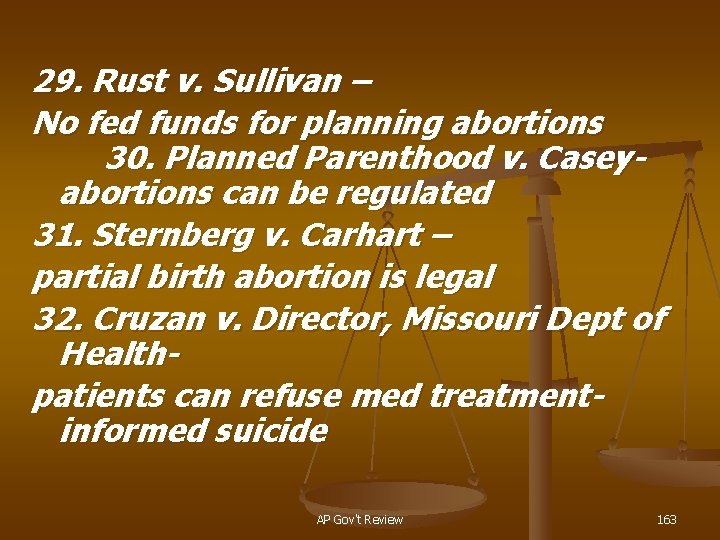 29. Rust v. Sullivan – No fed funds for planning abortions 30. Planned Parenthood