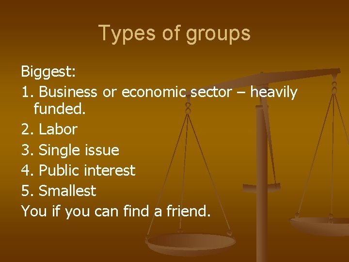 Types of groups Biggest: 1. Business or economic sector – heavily funded. 2. Labor