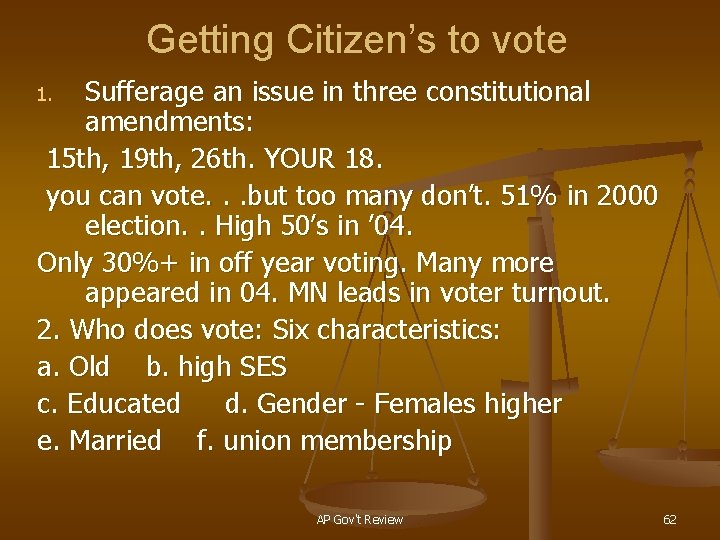 Getting Citizen’s to vote Sufferage an issue in three constitutional amendments: 15 th, 19