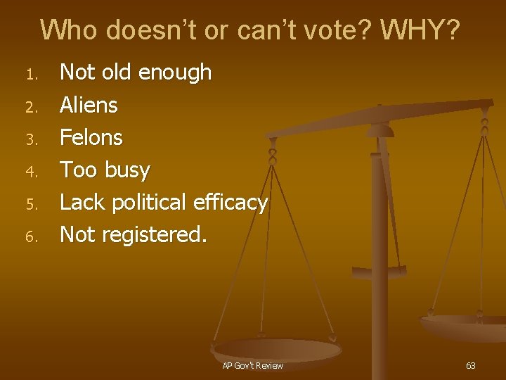 Who doesn’t or can’t vote? WHY? 1. 2. 3. 4. 5. 6. Not old