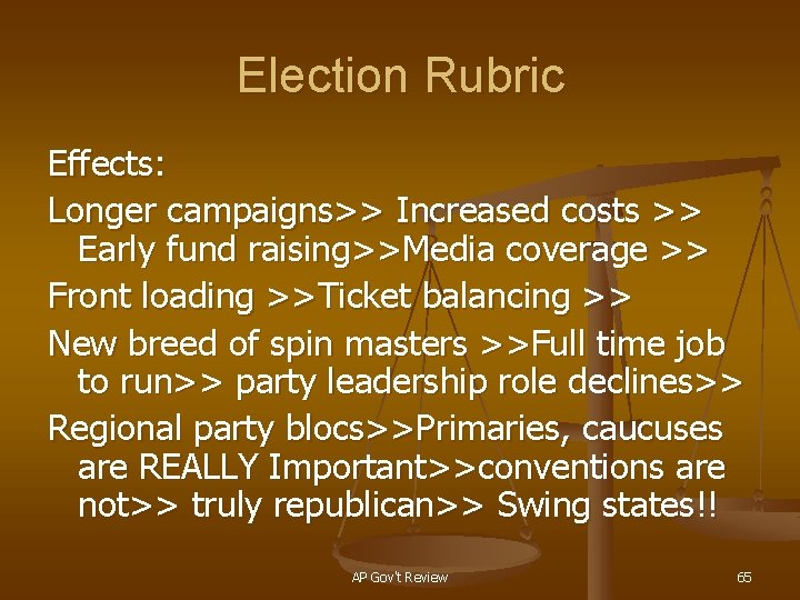 Election Rubric Effects: Longer campaigns>> Increased costs >> Early fund raising>>Media coverage >> Front