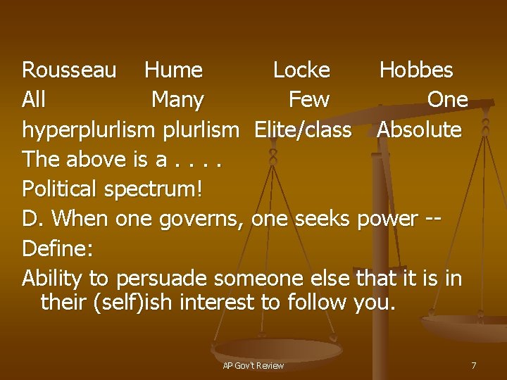 Rousseau Hume Locke Hobbes All Many Few One hyperplurlism Elite/class Absolute The above is