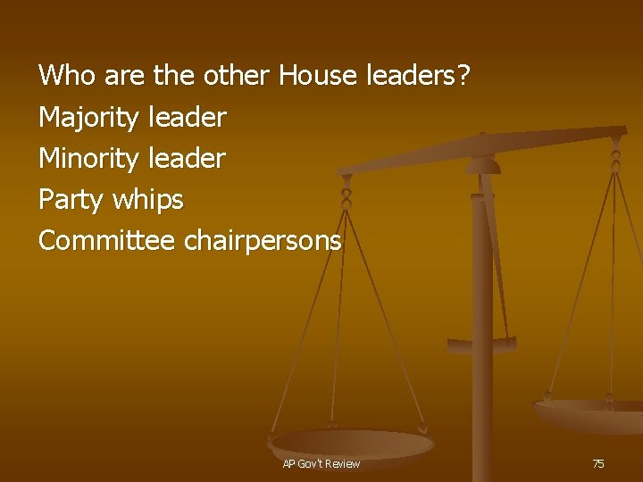 Who are the other House leaders? Majority leader Minority leader Party whips Committee chairpersons